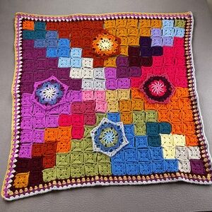 Handmade Crochet Granny Square Blanket Boho Colorful 3D Floral Throw 36x36